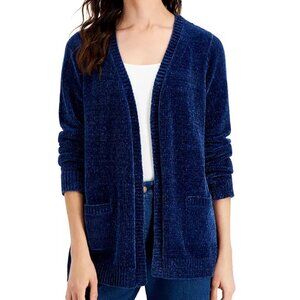 Karen Scott Chenille Open Front Cardigan in Navy